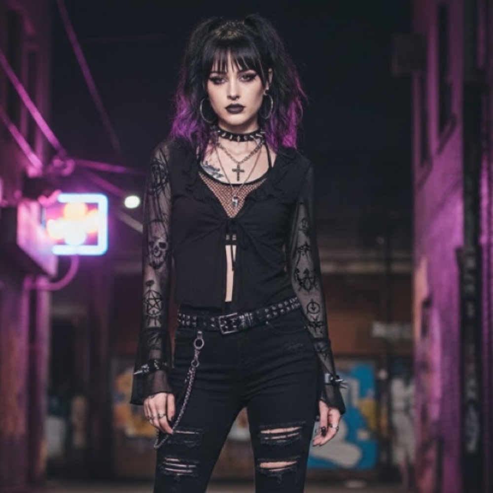 Rebellious Dreamer Y2K Black Front Double Tie Ruffle Sheer Blouse S Whimsagoth